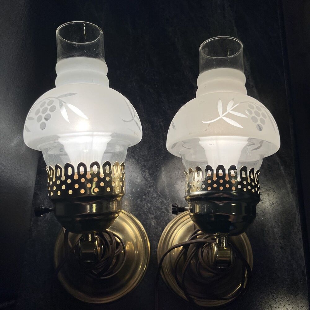 Vintage set of 2 Gold Wall Sconces Wall Light Fixture- Frosted etched Hurricane